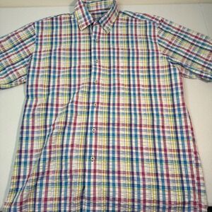 Alan Flusser Mens Cotton Plaid Short Sleeve Button Down Shirt Size Medium Casual